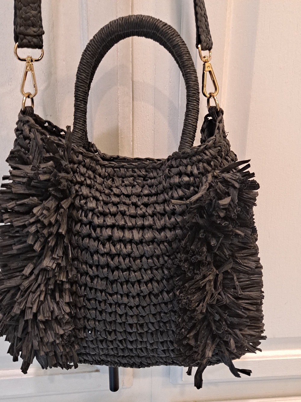 LOFT Black Woven Paper Straw Cascading Fringe Boho Summer Beach Tote